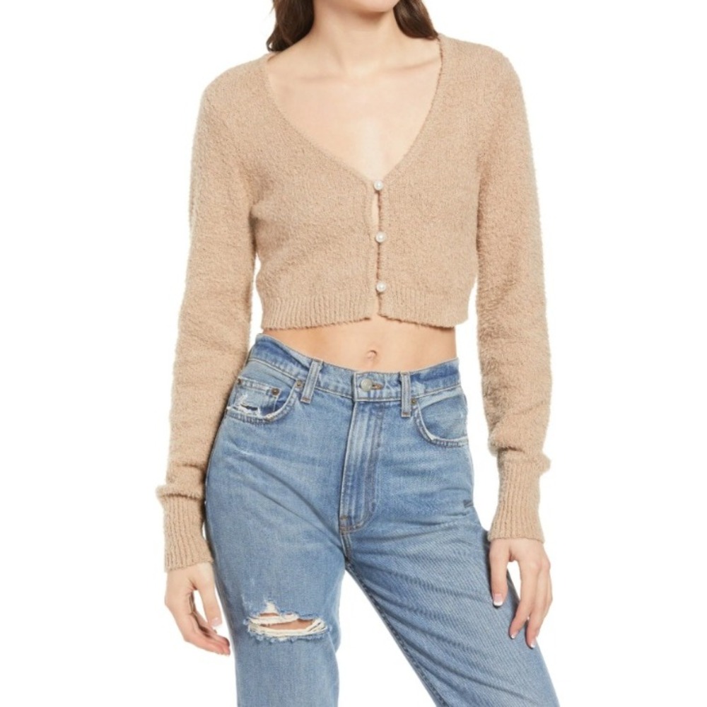 Reformation Lotte Organic Cotton Boucle Cropped Cardigan Pearl Button Sweater S